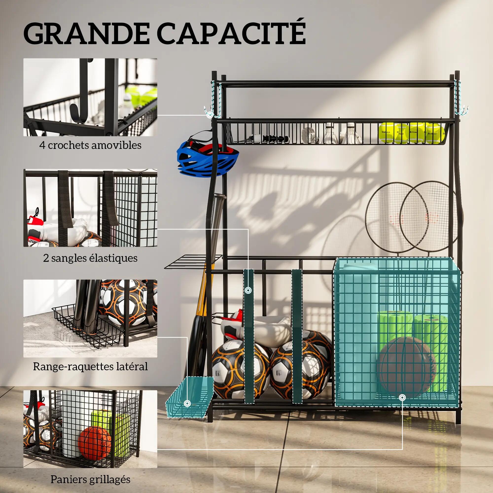 Rangement sport - Paniers réglables, crochets - Noir 6/6