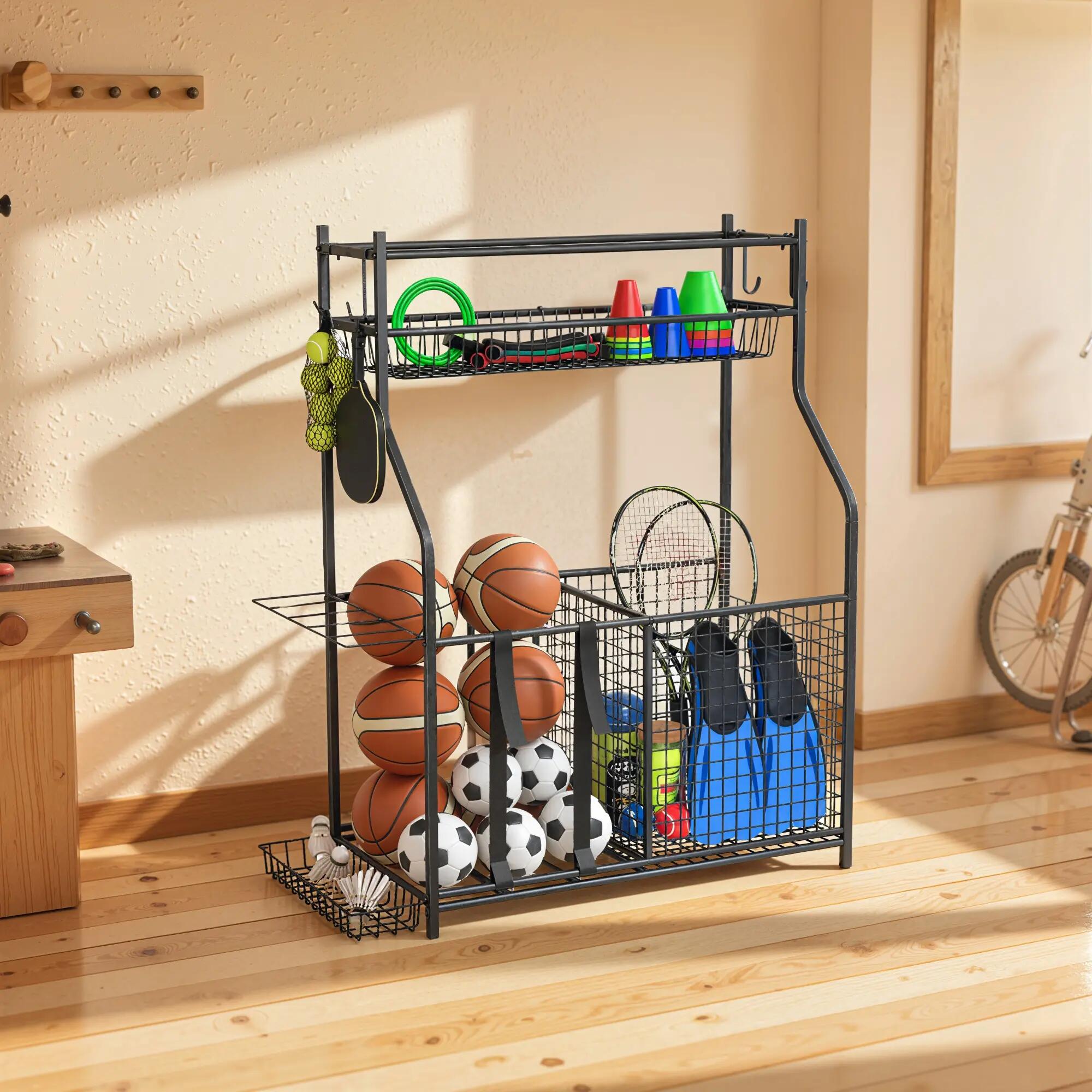 Rangement sport - Paniers réglables, crochets - Noir 4/6