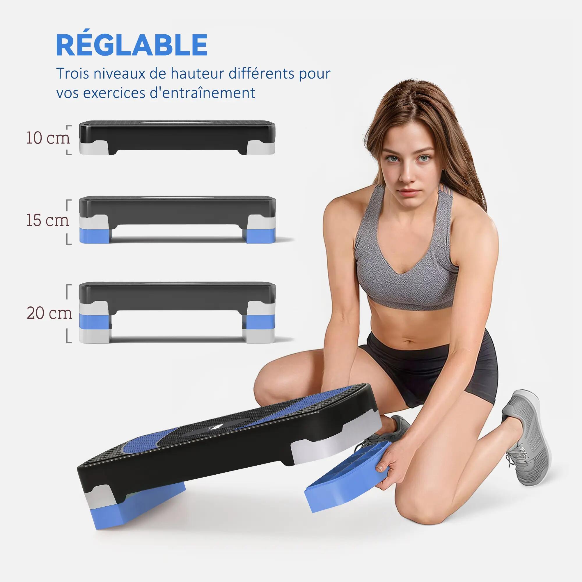 Stepper - fitness - réglable 3 niveaux antidérapant - noir/bleu 6/6