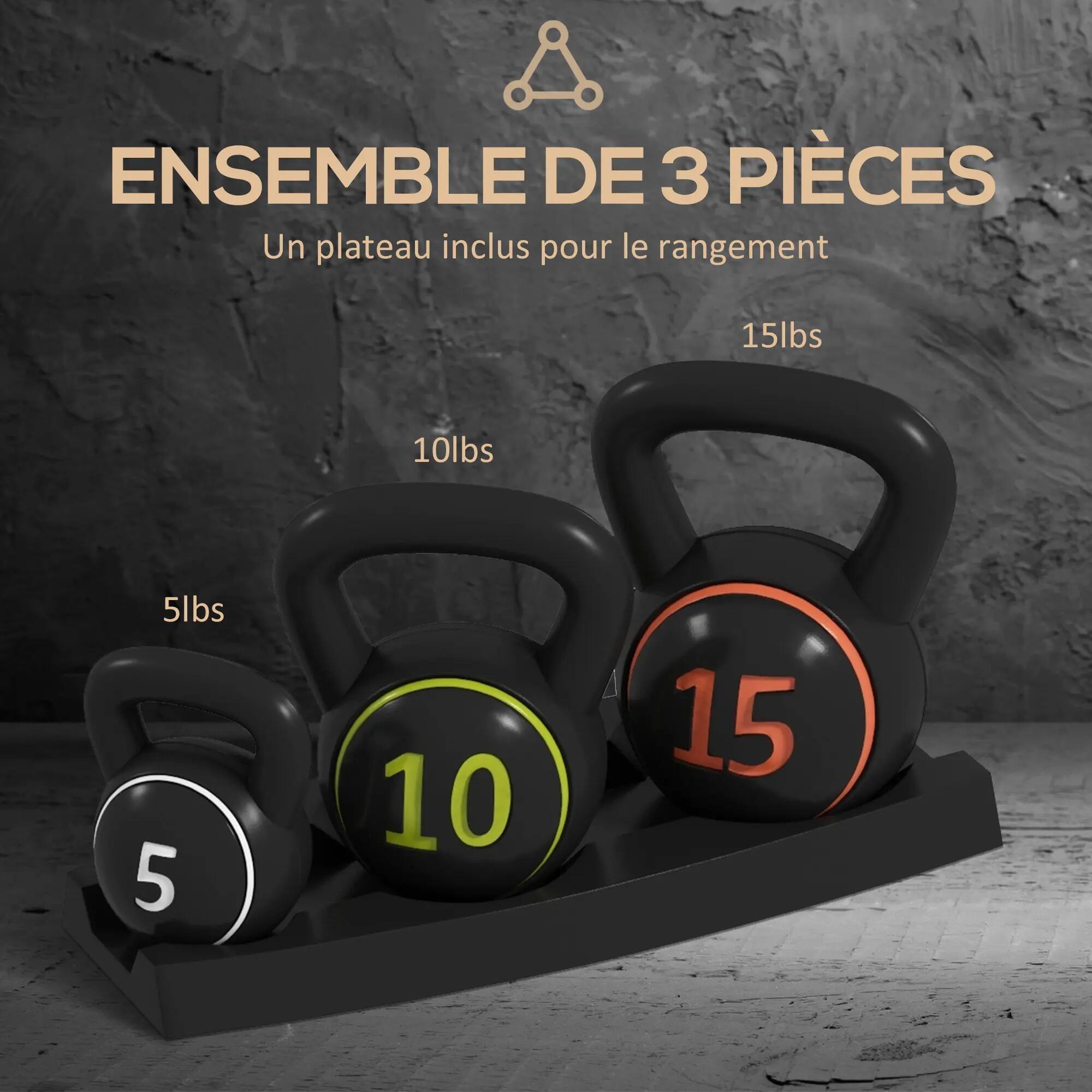 Lot de 3 kettlebells 2,2/4,5/6,8 Kg - prise ergonomique - PVC noir 4/5