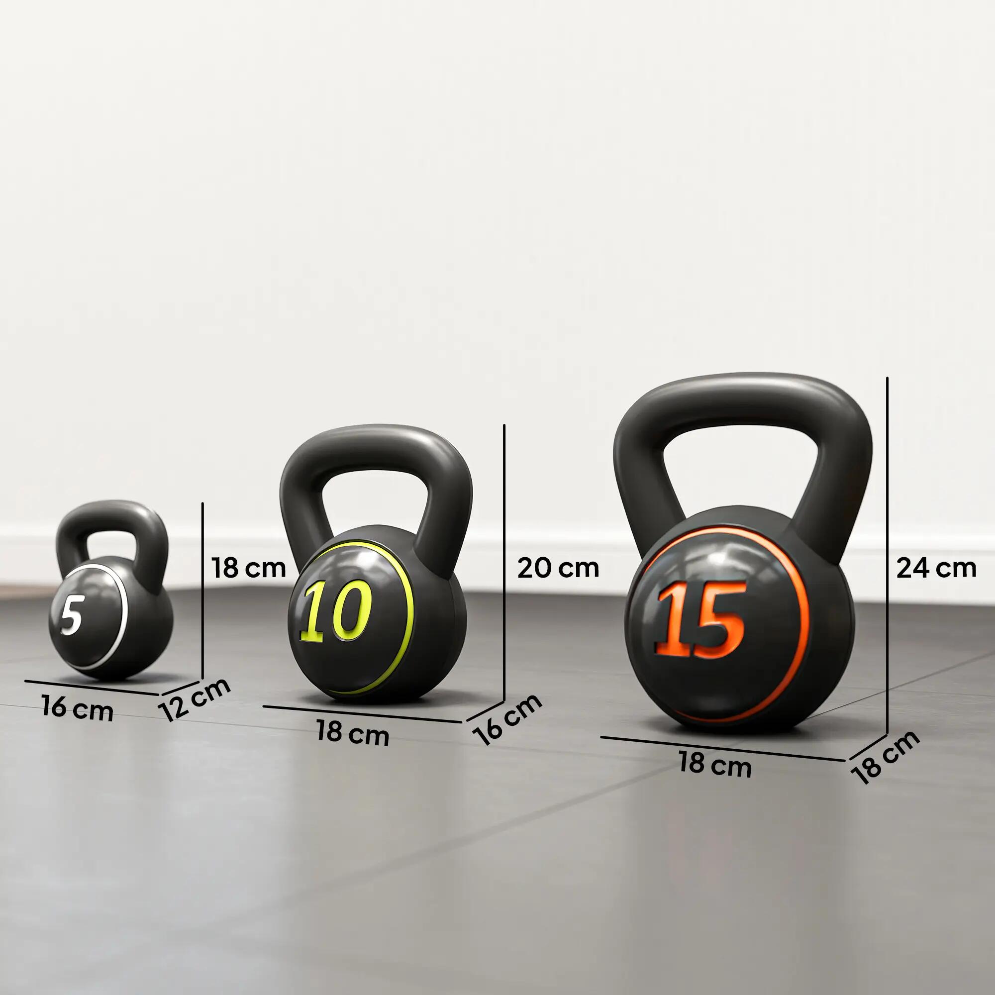 Lot de 3 kettlebells 2,2/4,5/6,8 Kg - prise ergonomique - PVC noir 3/5