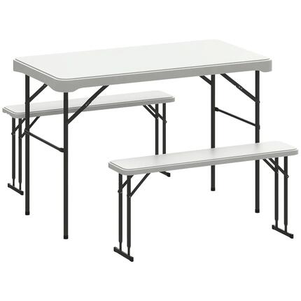 Table pliante - camping - 2 bancs pliants, hdpe - gris clair