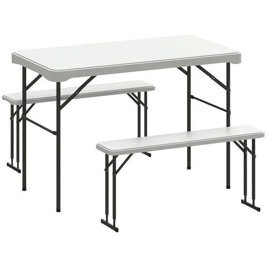 Table pliante - camping - 2 bancs pliants, hdpe - gris clair