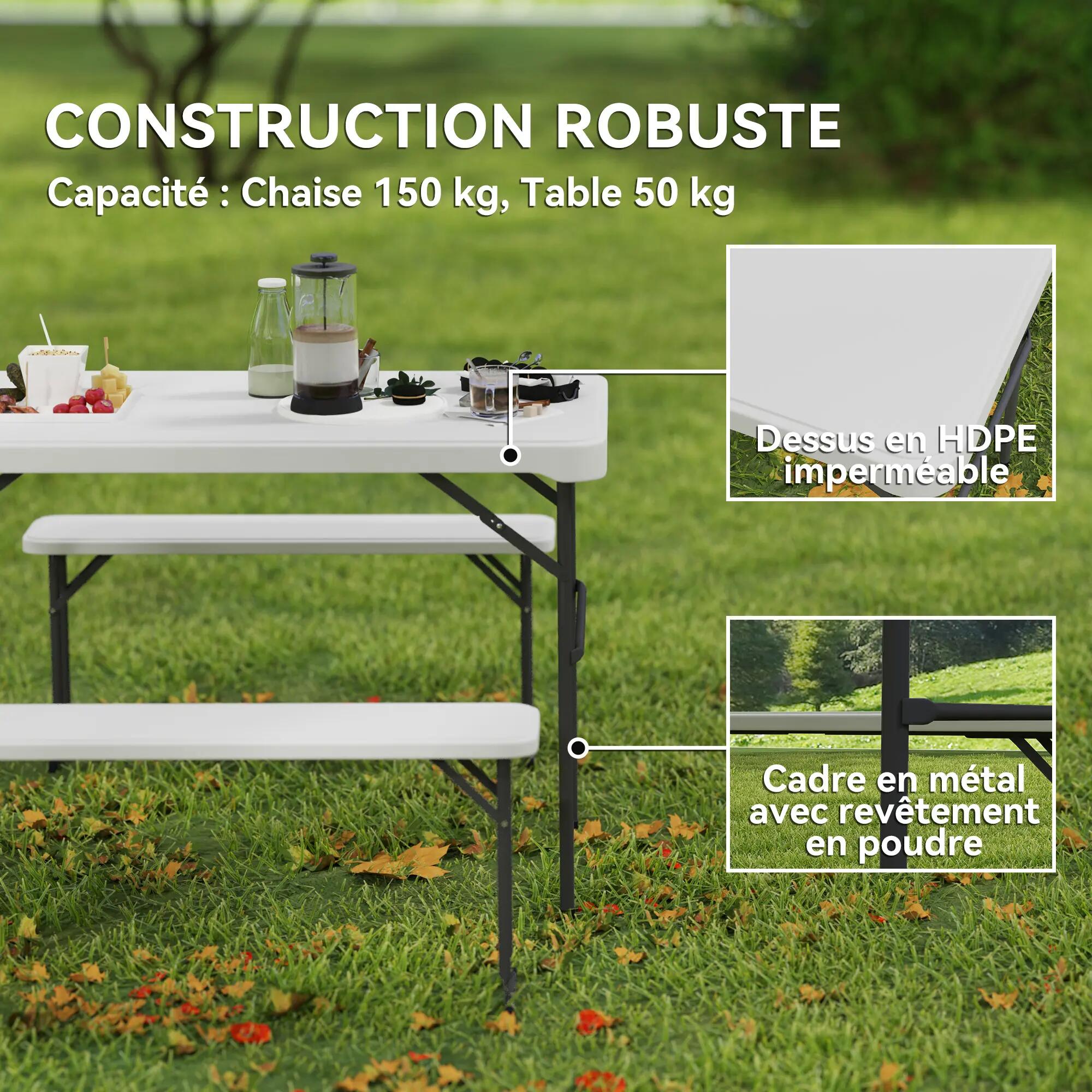Table pliante - camping - 2 bancs pliants, hdpe - gris clair 6/6