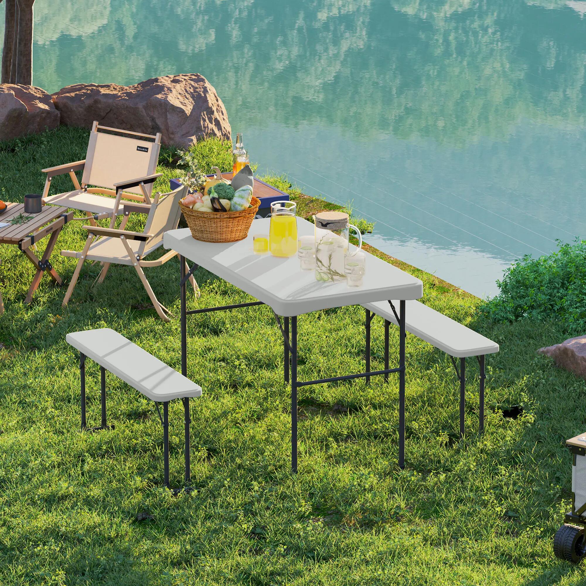 Table pliante - camping - 2 bancs pliants, hdpe - gris clair 4/6