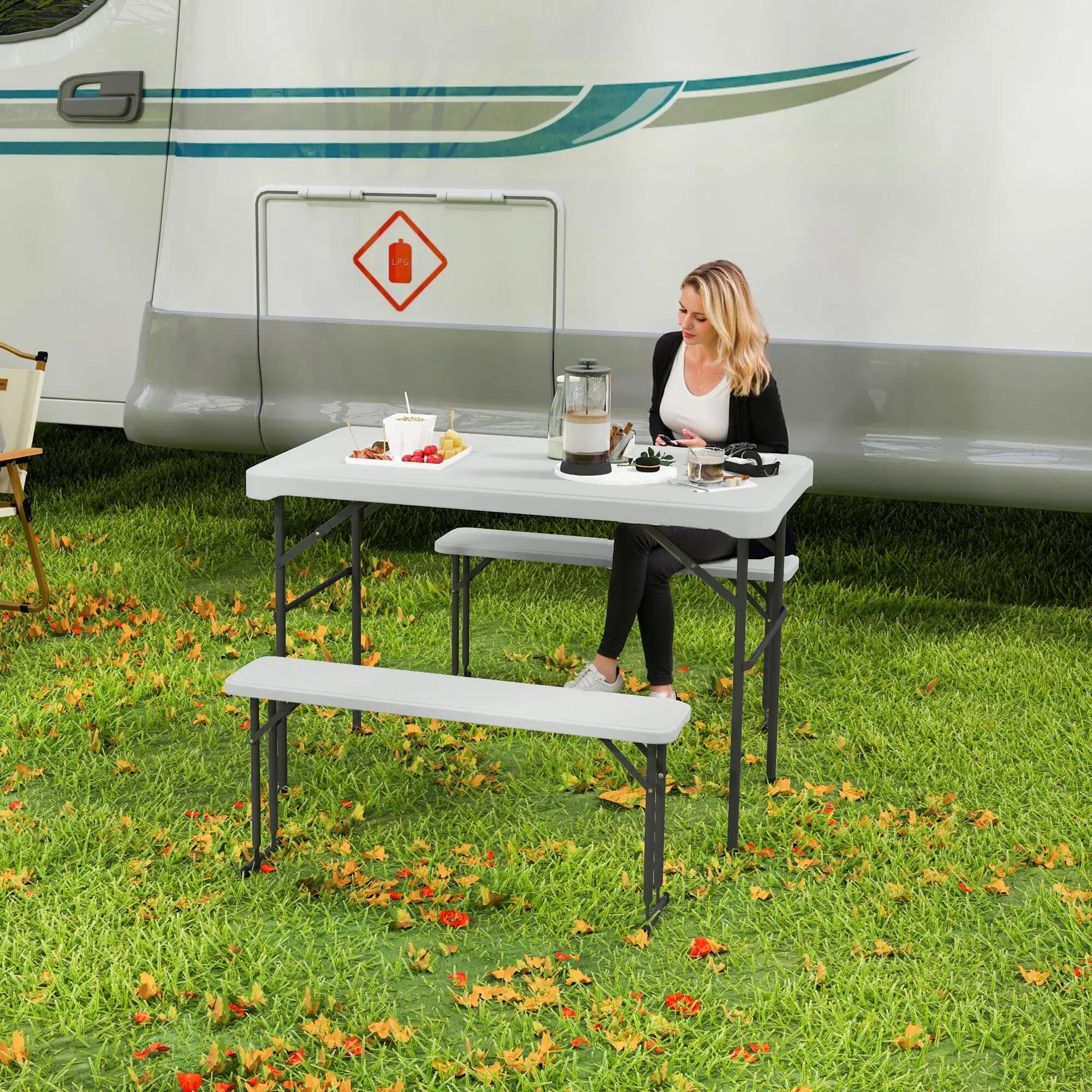 Table pliante - camping - 2 bancs pliants, hdpe - gris clair 3/6