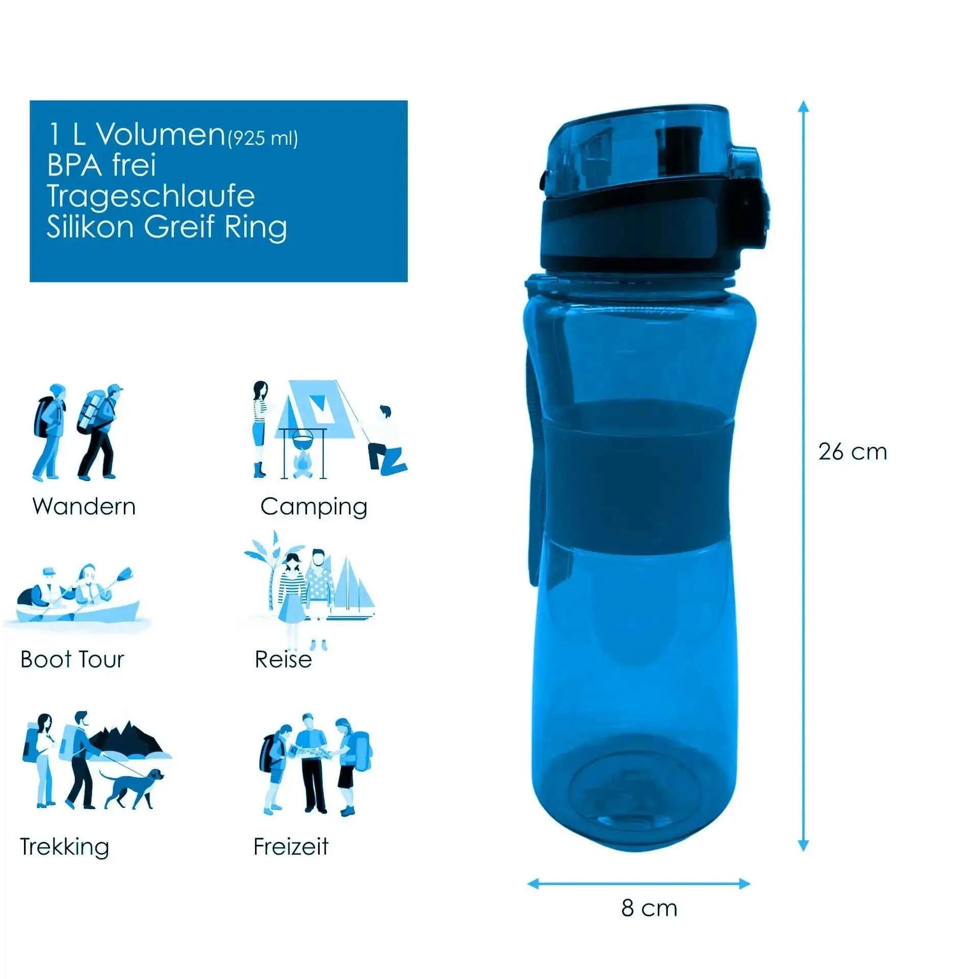 Trinkflasche mit 1 L Volumen blau auslaufsicher Sportflasche Schule Freizeit 4/7
