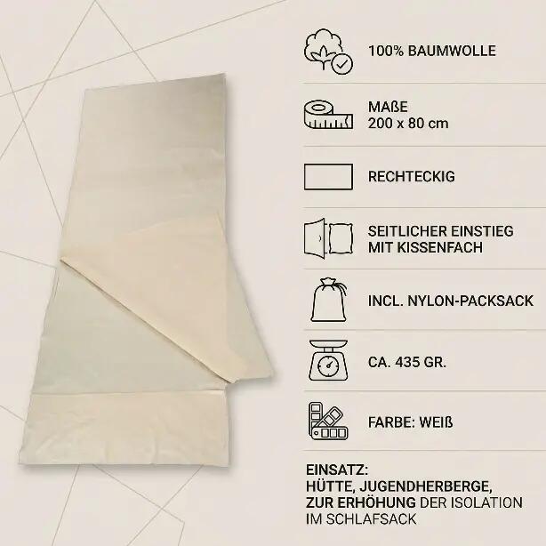 Schlafsack Inlett Hüttenschlafsack 100% Baumwolle 200 cm x 80 cm mit Kissenfach 3/5