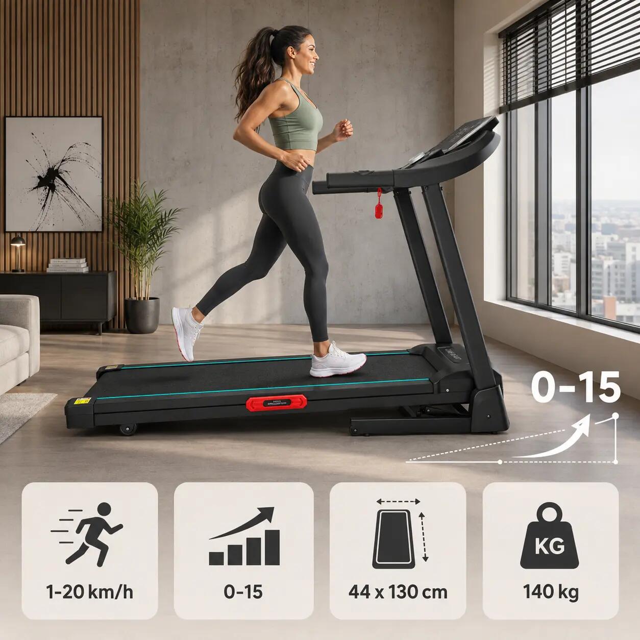 Bieżnia Elektryczna LEEDS  20km/h Corciano Auto wznos APLIKACJE  140kg MAX 4/7