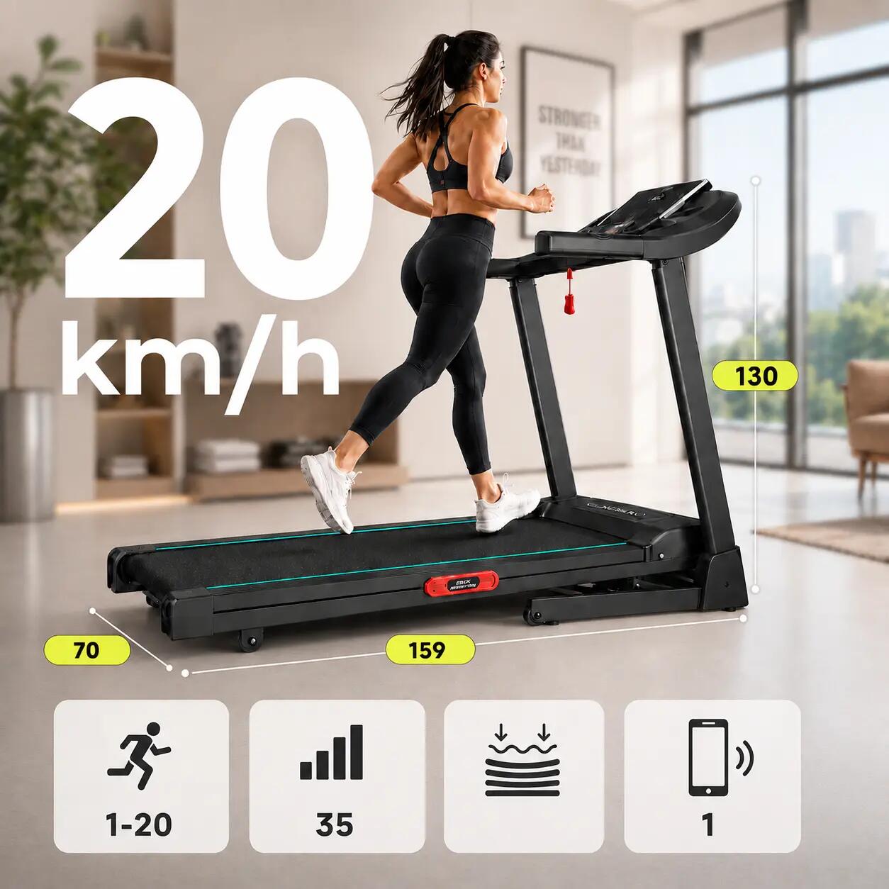 Bieżnia Elektryczna LEEDS  20km/h Corciano Auto wznos APLIKACJE  140kg MAX 3/7