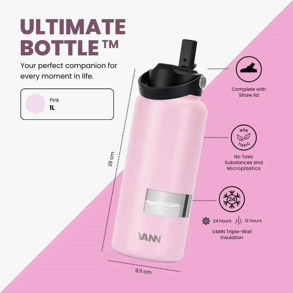 Drinkfles - Ultimate Bottle 1 L - 3-wandig RVS met rietje - Roze 9/12