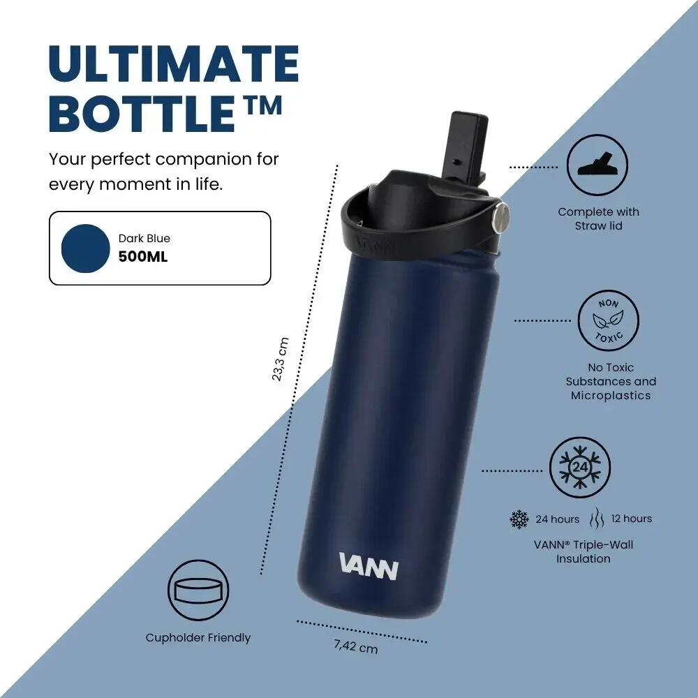 Drinkfles - Ultimate Bottle 500 ML - 3-wandig RVS met rietje - Blauw 8/11