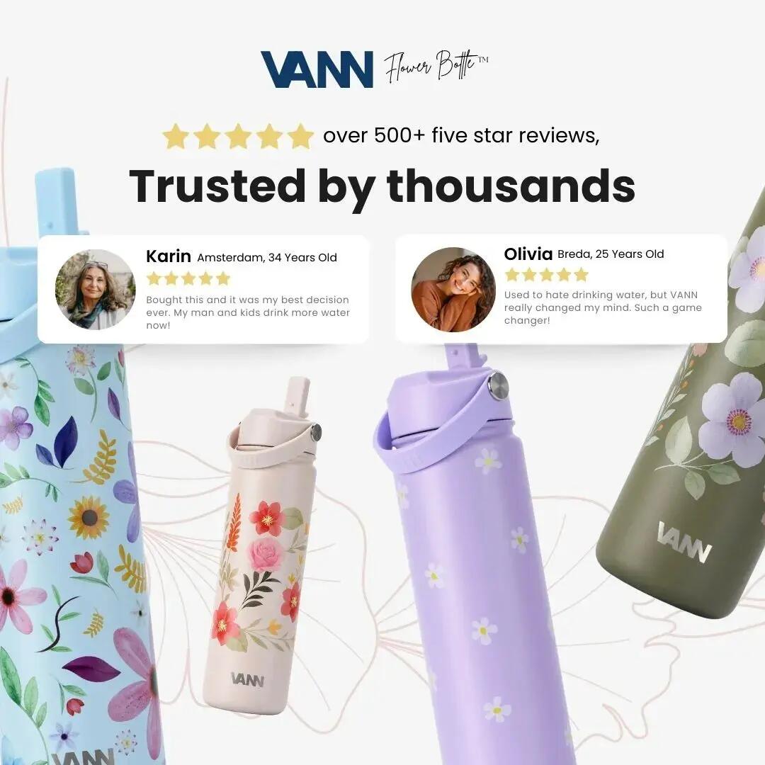 Drinkfles - Flower Bottle 650 ML - 3-wandig RVS, bloemenprint - Blue Flowers 7/8