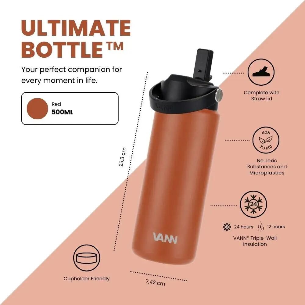 Drinkfles - Ultimate Bottle 500 ML - 3-wandig RVS met rietje - Rood 3/12