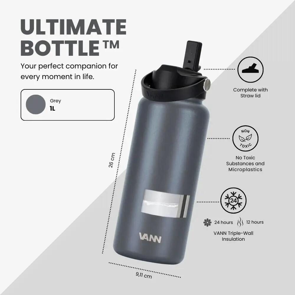Drinkfles - Ultimate Bottle 1 L - 3-wandig RVS met rietje - Grijs 3/12