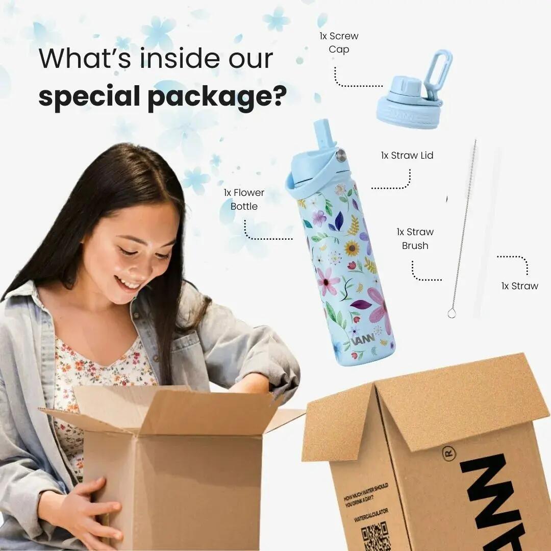 Drinkfles - Flower Bottle 650 ML - 3-wandig RVS, bloemenprint - Blue Flowers 6/8