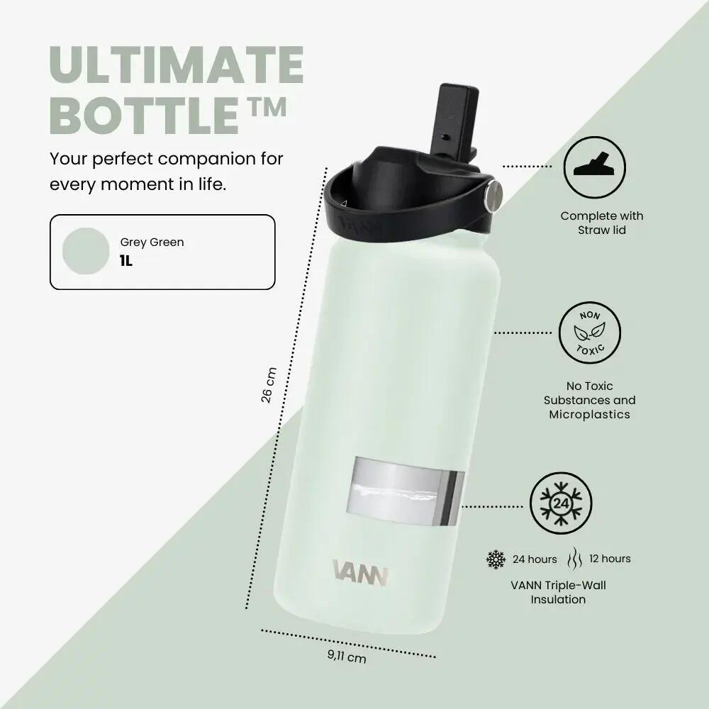 Drinkfles - Ultimate Bottle 1 L - 3-wandig RVS met rietje - Grijsgroen 3/12