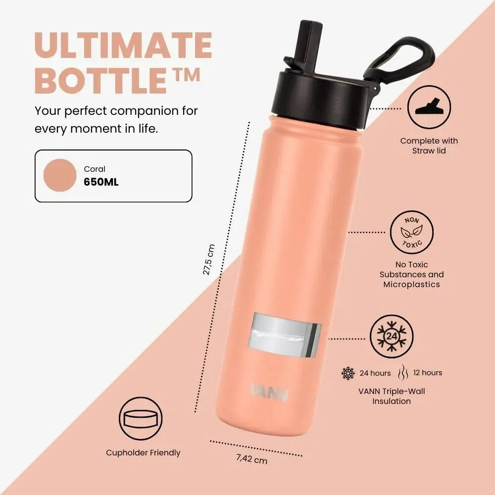 Gourde - Ultimate Bottle 650 ML - inox triple paroi avec paille - Corail 3/12