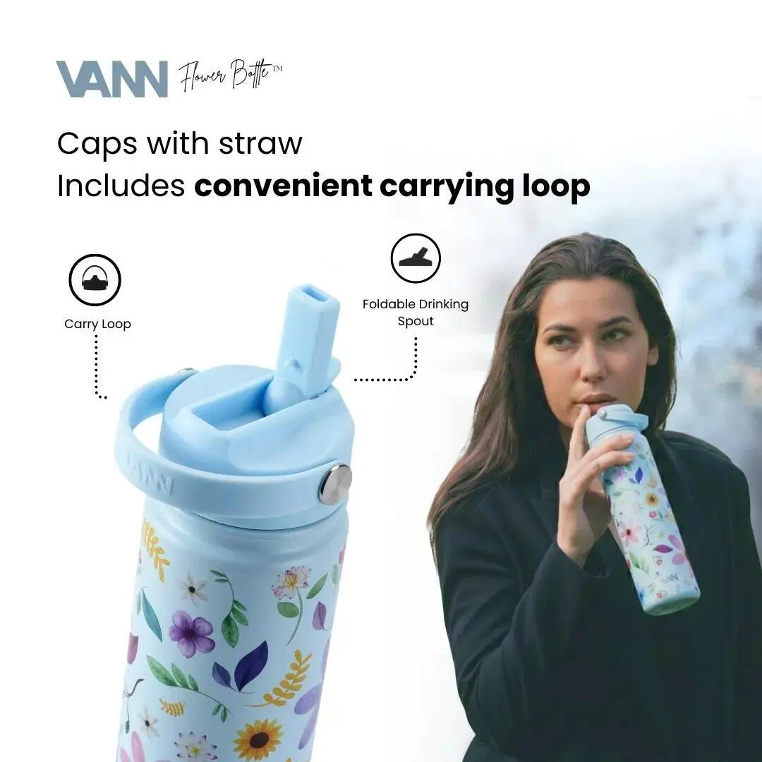 Drinkfles - Flower Bottle 650 ML - 3-wandig RVS, bloemenprint - Blue Flowers 5/8