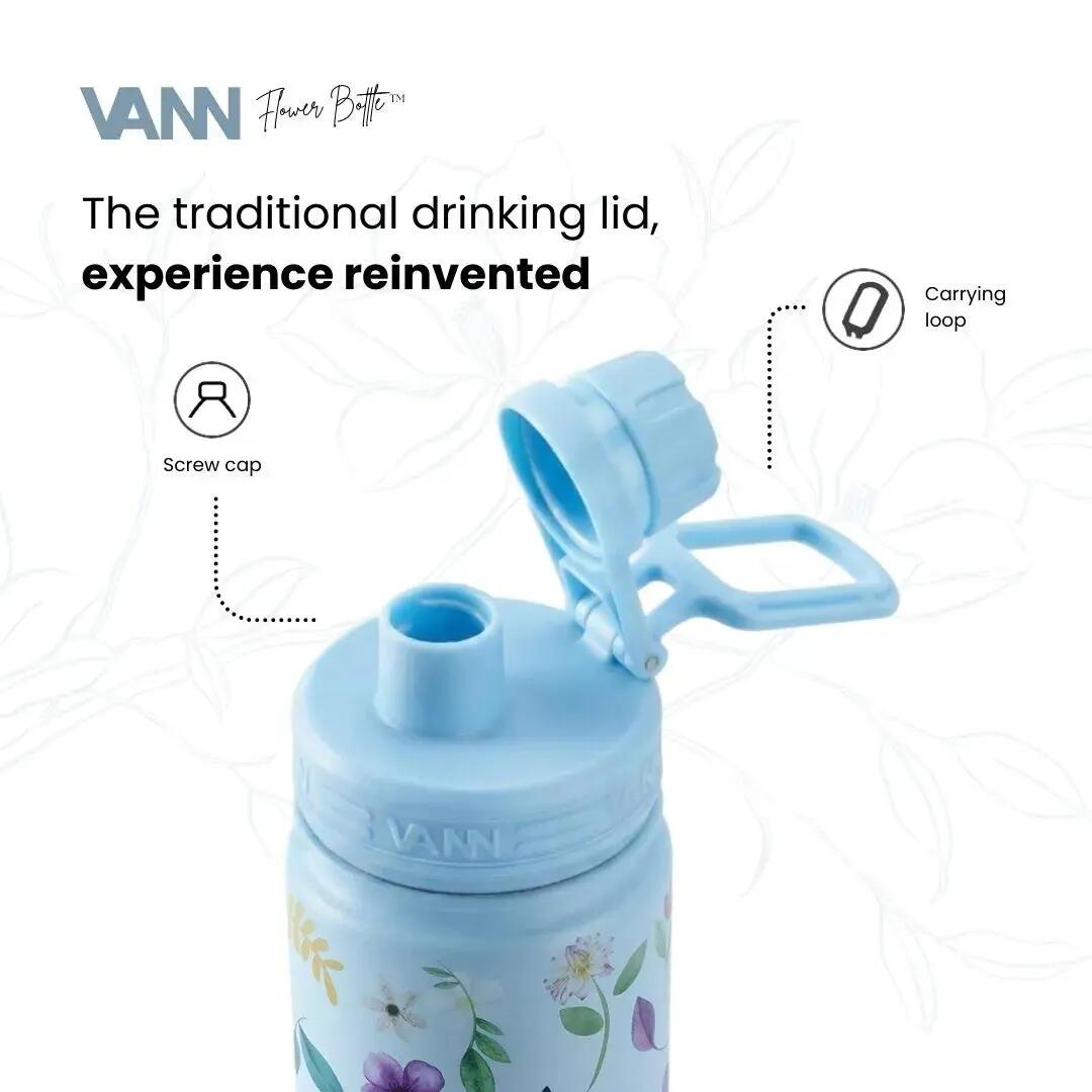 Drinkfles - Flower Bottle 650 ML - 3-wandig RVS, bloemenprint - Blue Flowers 4/8