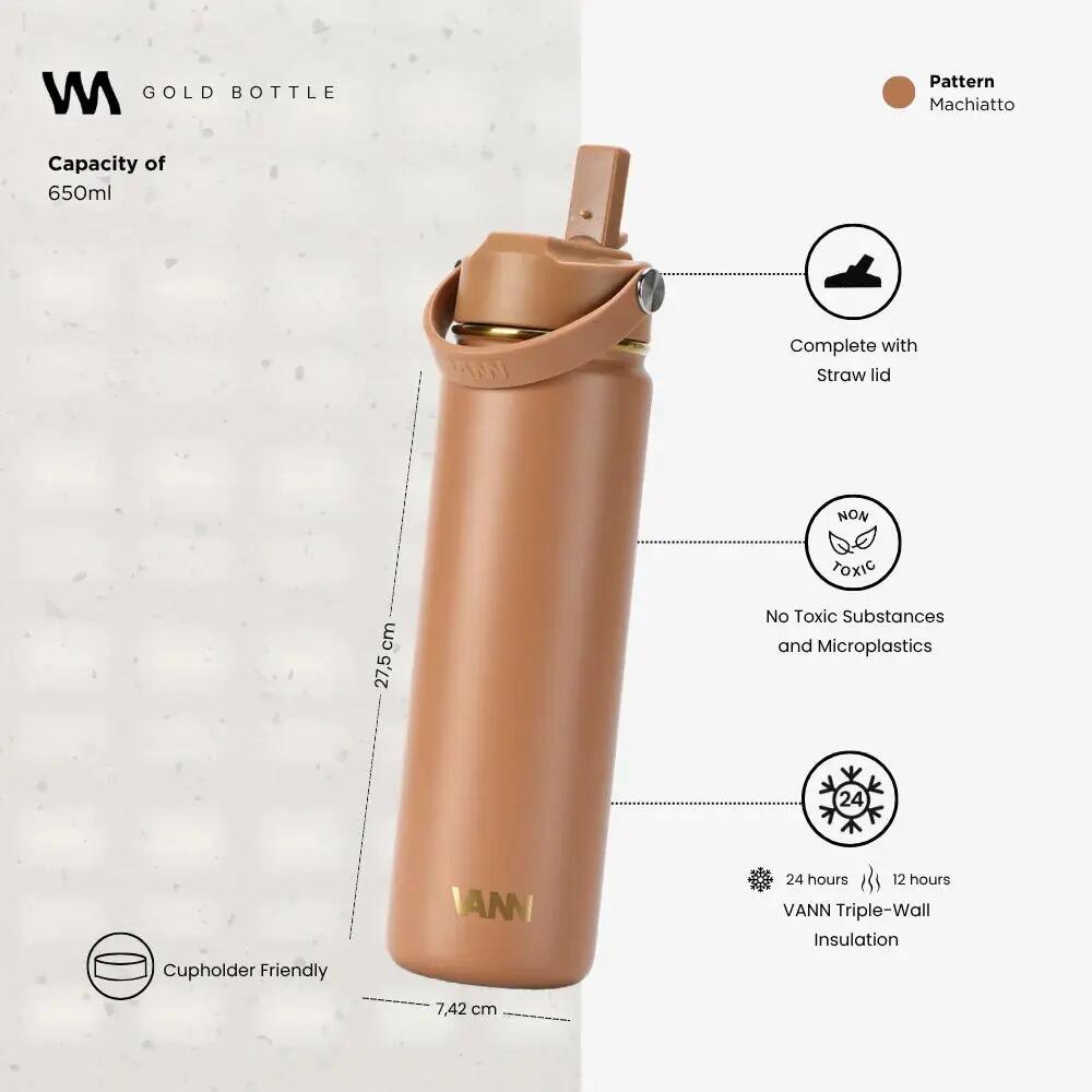 Drinkfles - Gold Bottle 650 ML - 3-wandig RVS, gouden details - Macchiato 3/9
