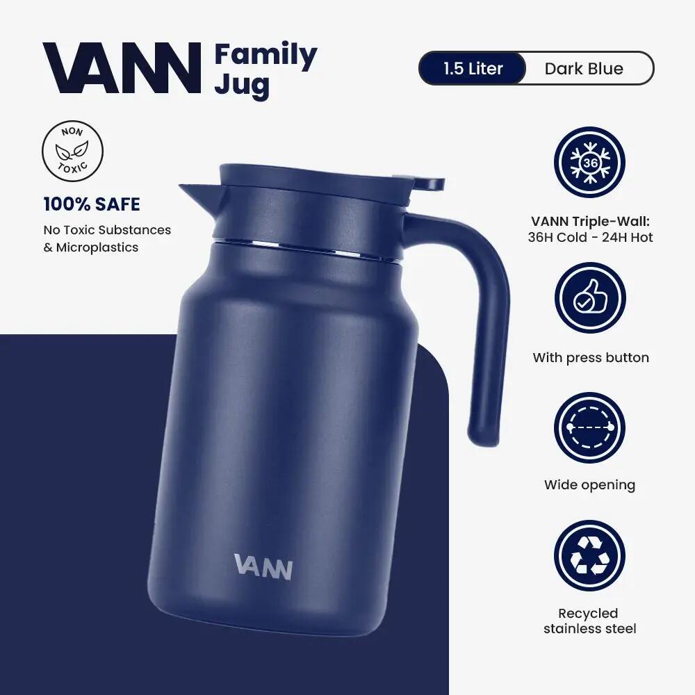 Thermoskan - Family Jug 1,5 L - RVS schenkkan met drukknop - Donkerblauw 2/8