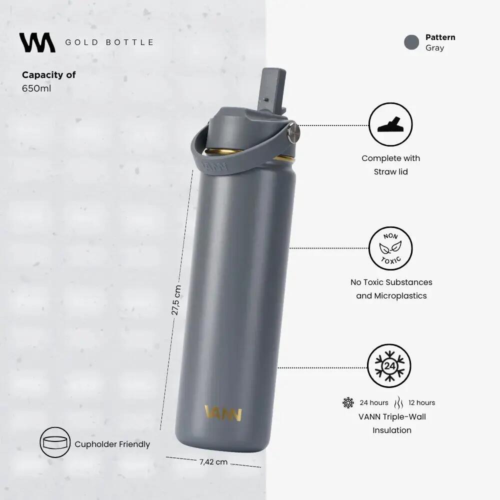 Drinkfles - Gold Bottle 650 ML - 3-wandig RVS, gouden details - Grijs 3/9