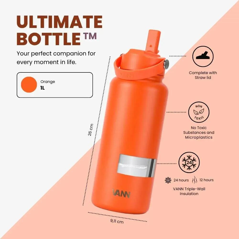 Gourde - Ultimate Bottle 1 L - inox triple paroi avec paille - Orange 10/12