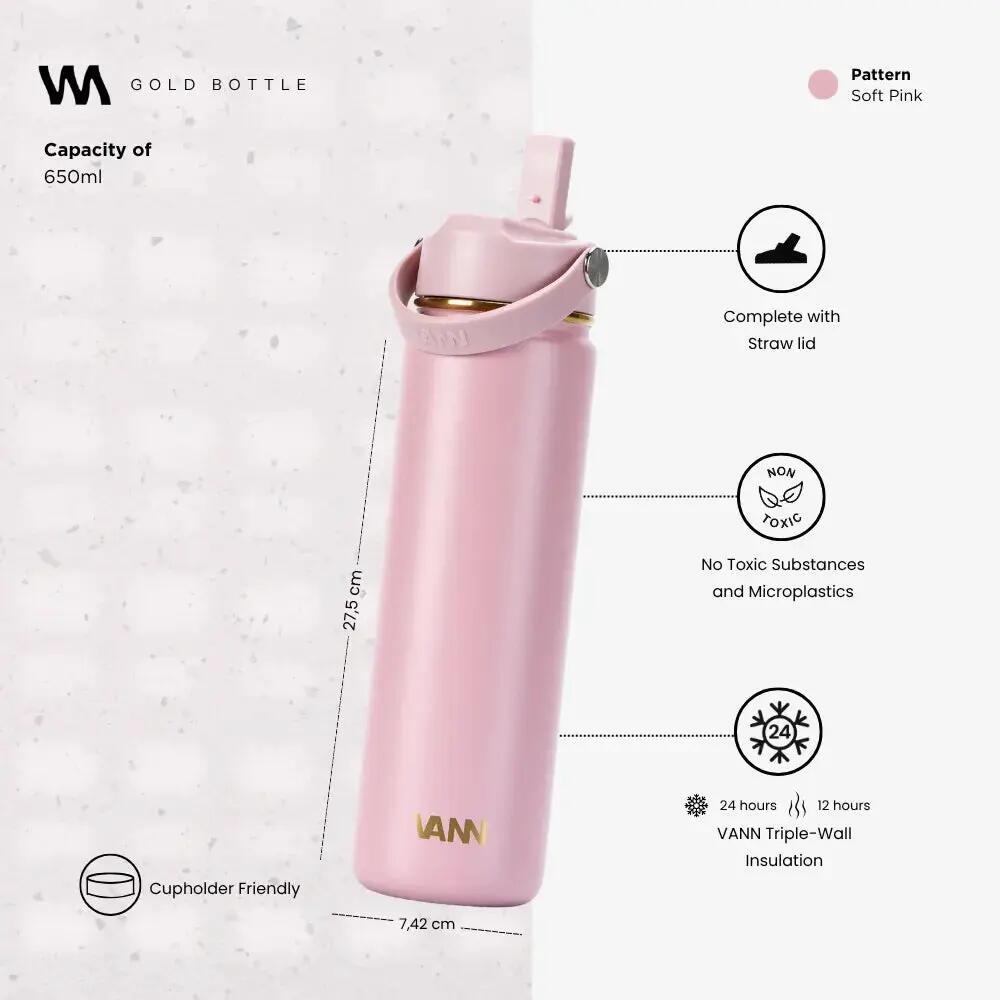 Drinkfles - Gold Bottle 650 ML - 3-wandig RVS, gouden details - Roze 3/9