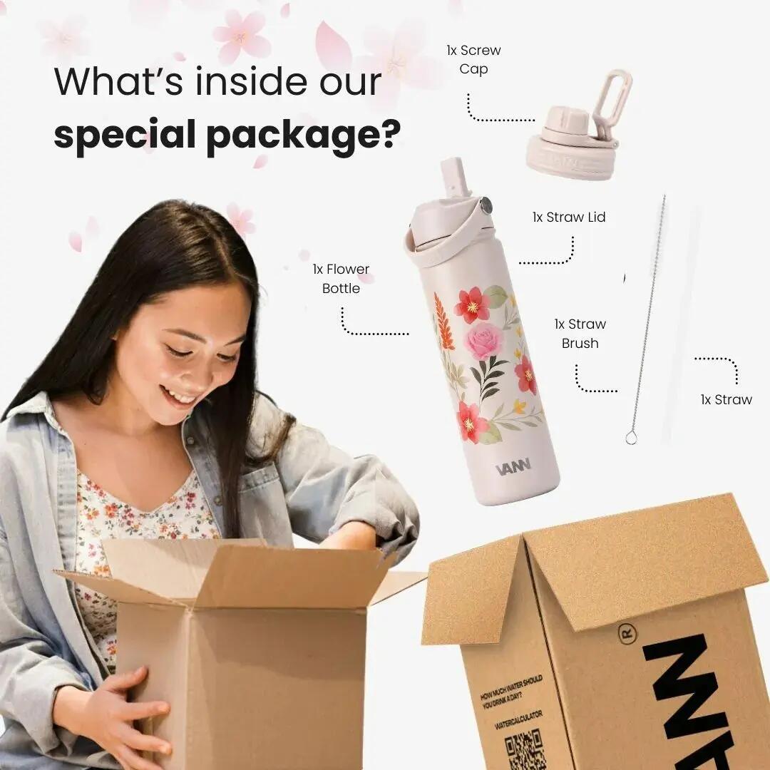Drinkfles - Flower Bottle 650 ML - 3-wandig RVS, bloemenprint - Pastel Flowers 6/8