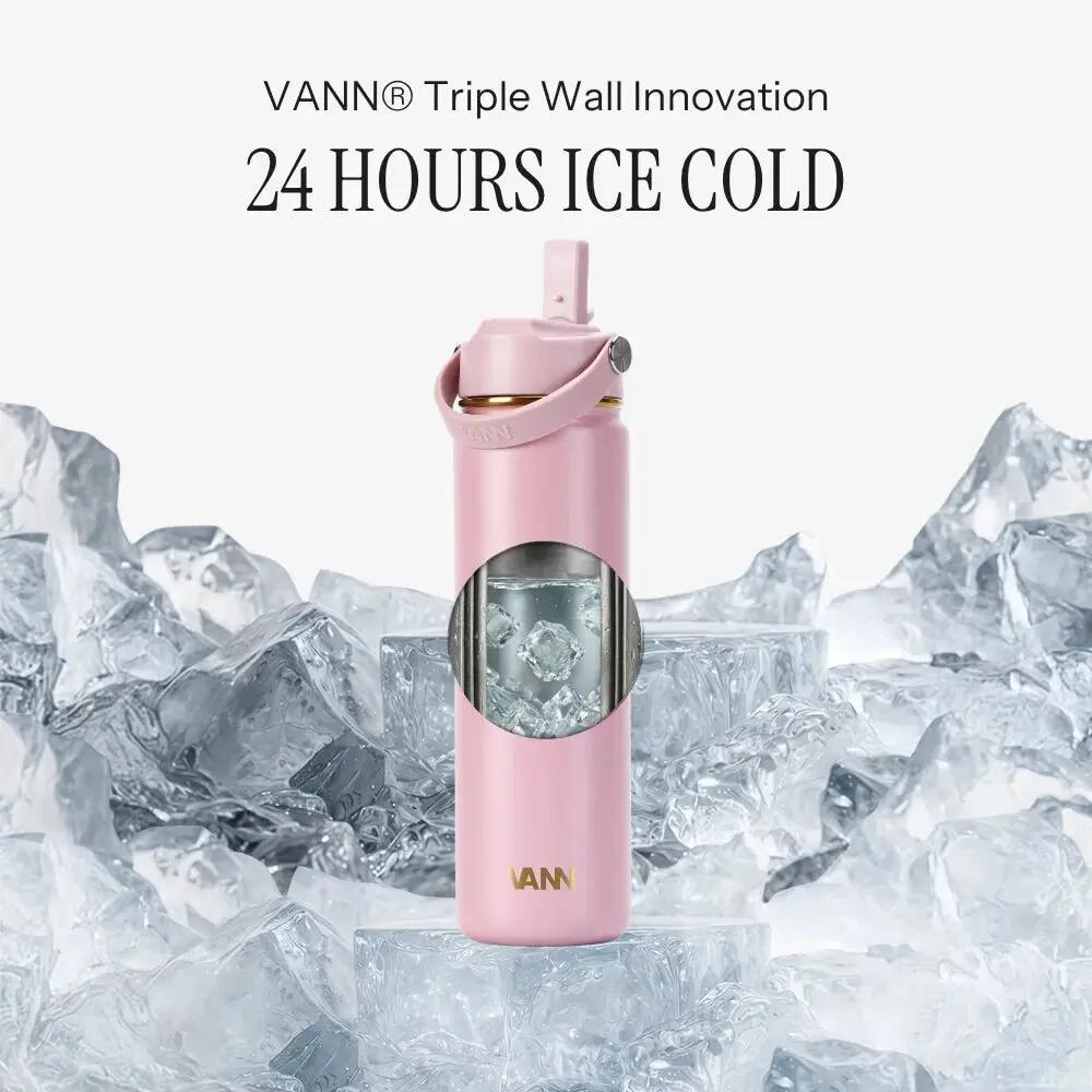 Drinkfles - Gold Bottle 650 ML - 3-wandig RVS, gouden details - Roze 2/9