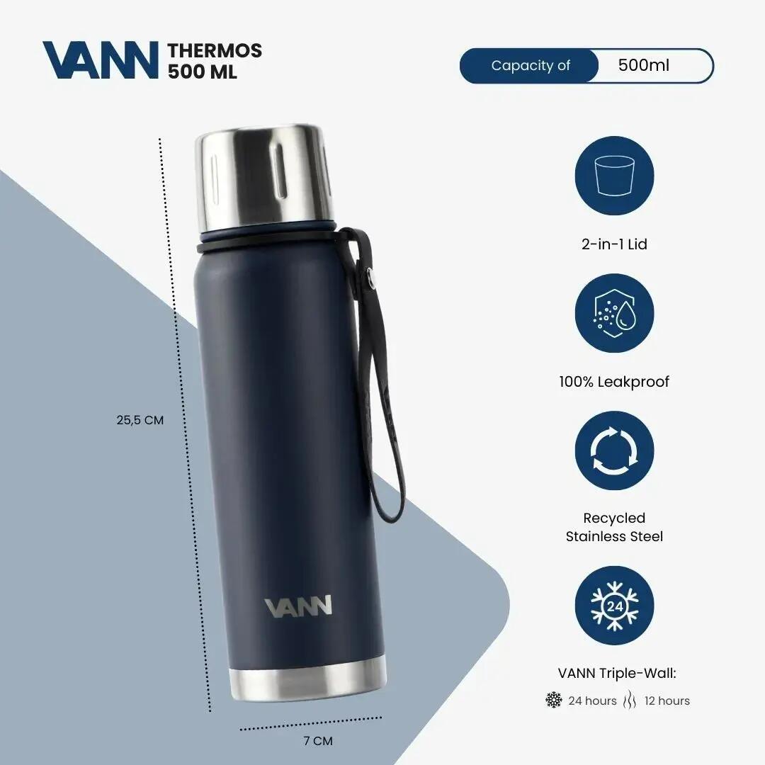Bouteille isotherme - Thermos 500 ML - 100% inox, bouchon-tasse - Bleu foncé 2/12