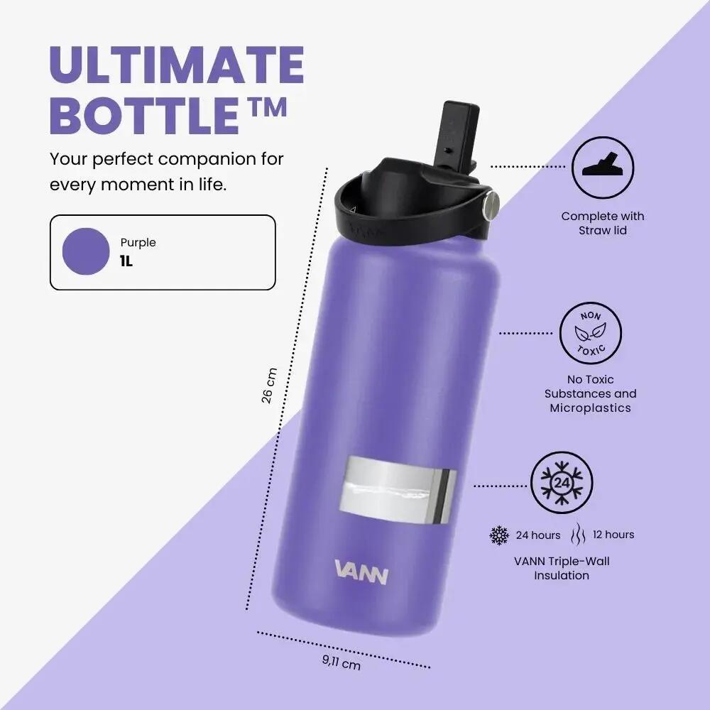 Drinkfles - Ultimate Bottle 1 L - 3-wandig RVS met rietje - Paars 3/12