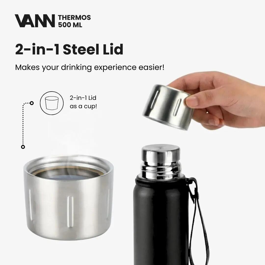 Thermosfles - Thermos 500 ML - 100% RVS met 2-in-1 dop - Zwart 5/11