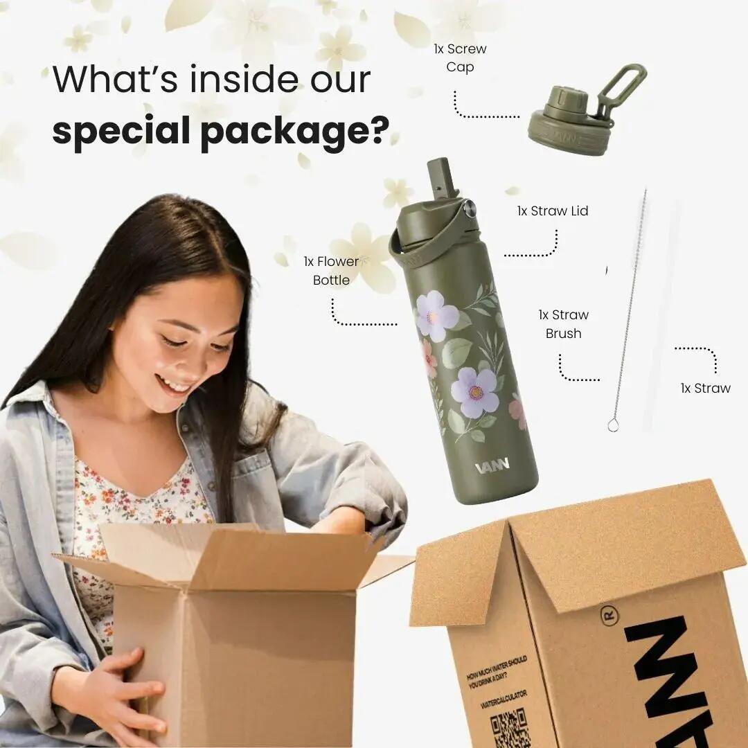 Drinkfles - Flower Bottle 650 ML - 3-wandig RVS, bloemenprint - Green Flowers 5/8
