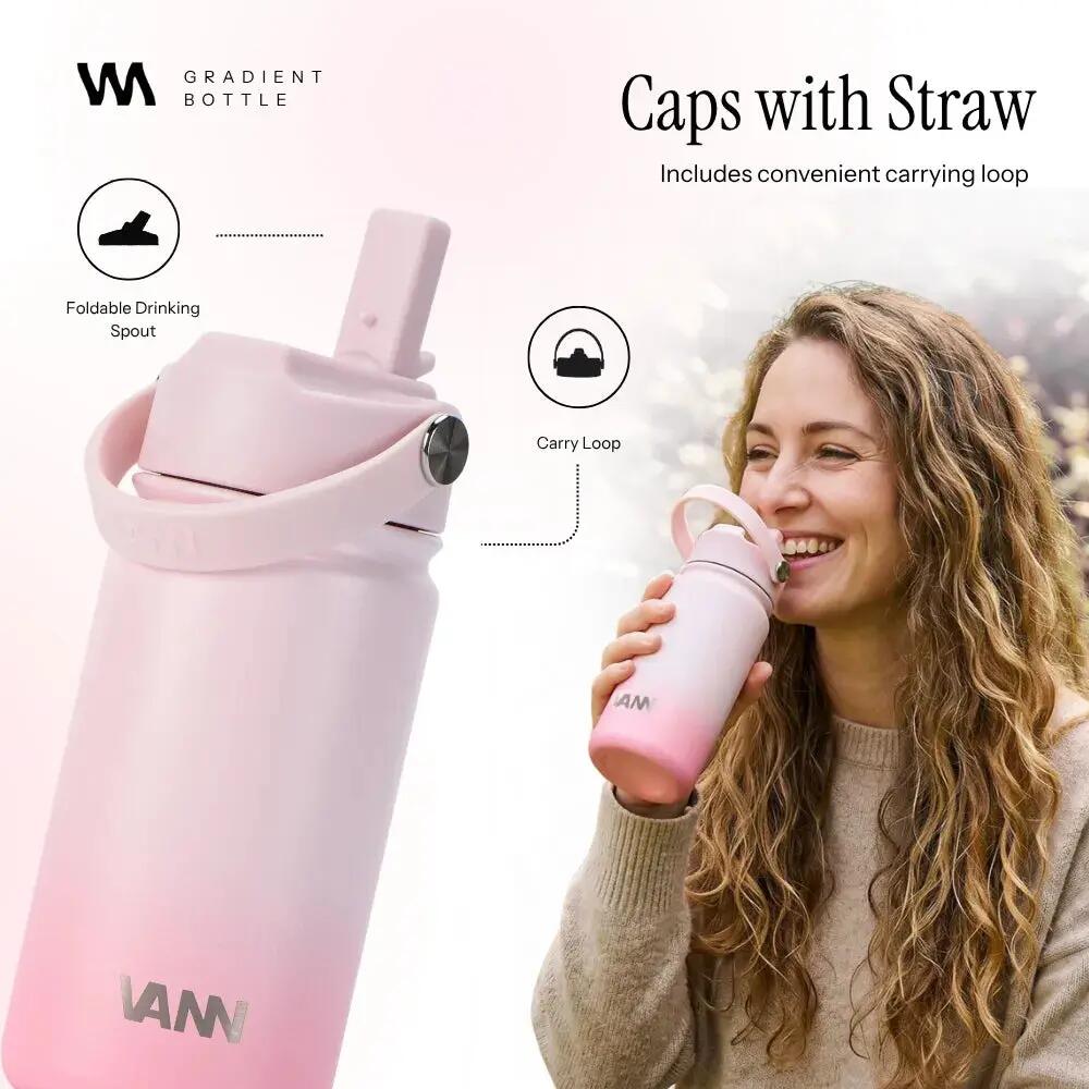 Drinkfles - Gradient Bottle 400 ML - 3-wandig RVS met rietje - Gradient Pink 6/9