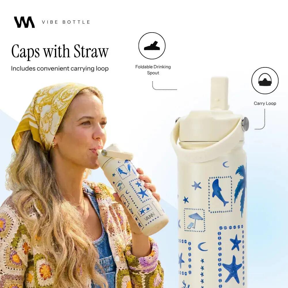 Drinkfles - Vibe Bottle 650 ML - 3-wandig RVS met print - Blue Summer 7/10