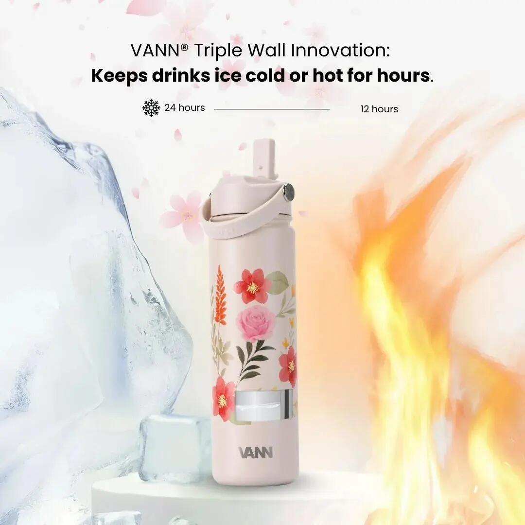 Drinkfles - Flower Bottle 650 ML - 3-wandig RVS, bloemenprint - Pastel Flowers 3/8