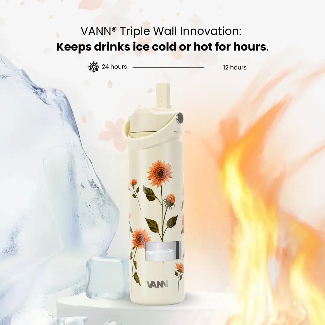 Drinkfles - Flower Bottle 650 ML - 3-wandig RVS, bloemenprint - Sunflower 3/8