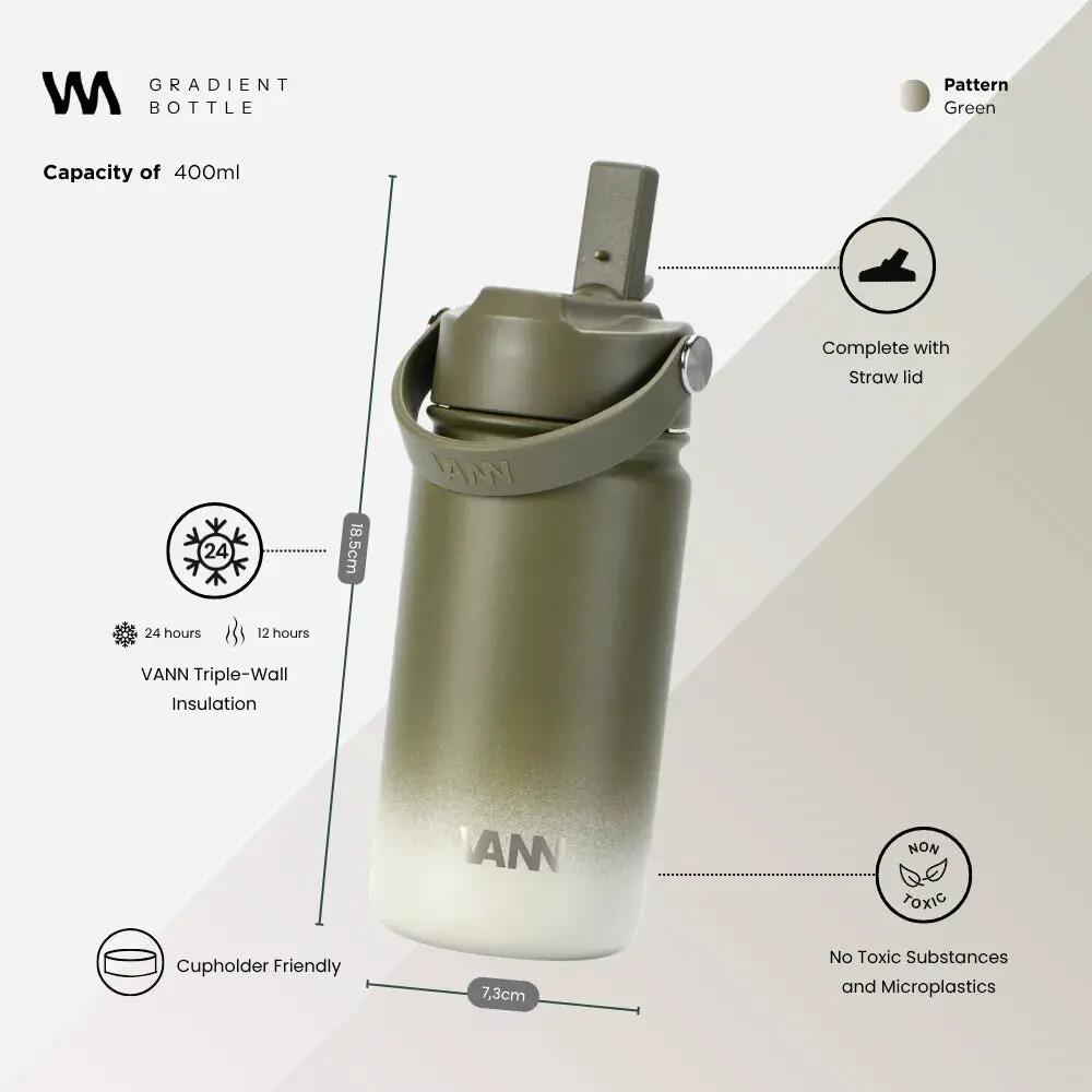 Drinkfles - Gradient Bottle 400 ML - 3-wandig RVS met rietje - Gradient Green 3/9