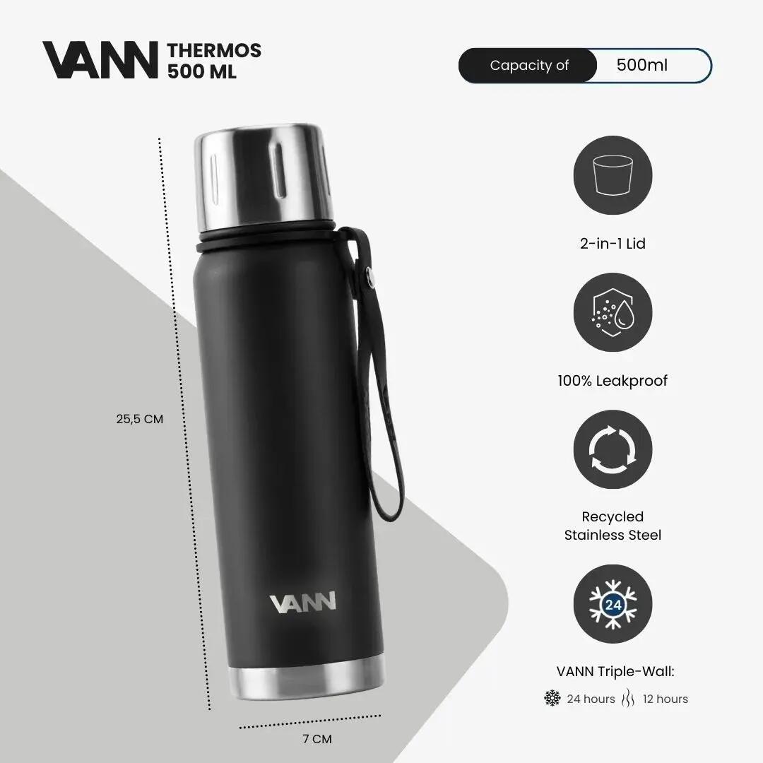 Thermosfles - Thermos 500 ML - 100% RVS met 2-in-1 dop - Zwart 2/11