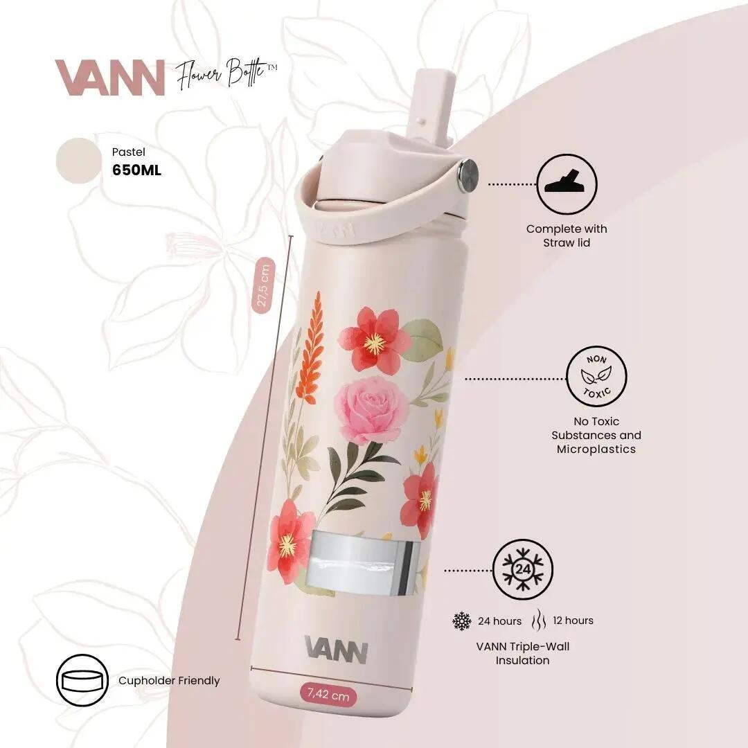 Drinkfles - Flower Bottle 650 ML - 3-wandig RVS, bloemenprint - Pastel Flowers 2/8