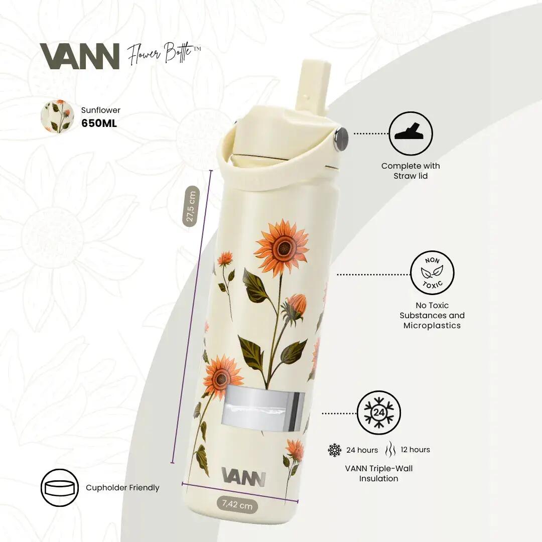 Drinkfles - Flower Bottle 650 ML - 3-wandig RVS, bloemenprint - Sunflower 2/8