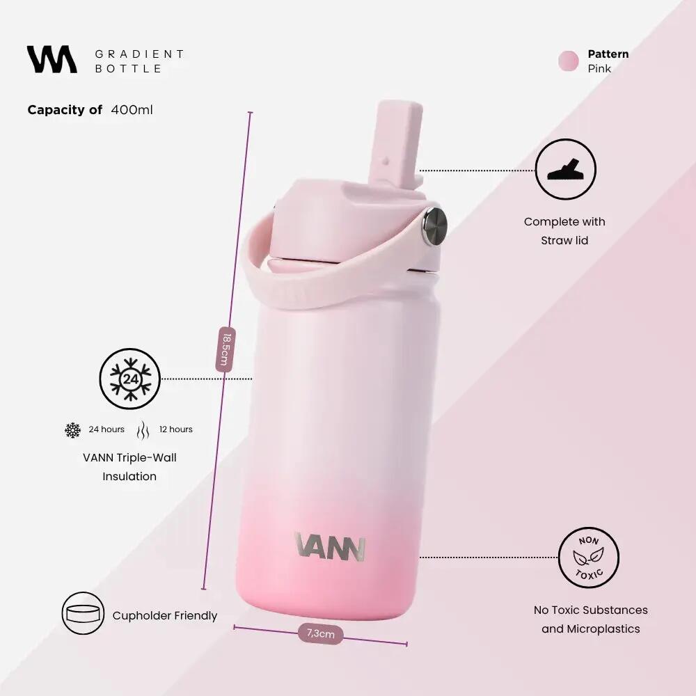 Drinkfles - Gradient Bottle 400 ML - 3-wandig RVS met rietje - Gradient Pink 3/9