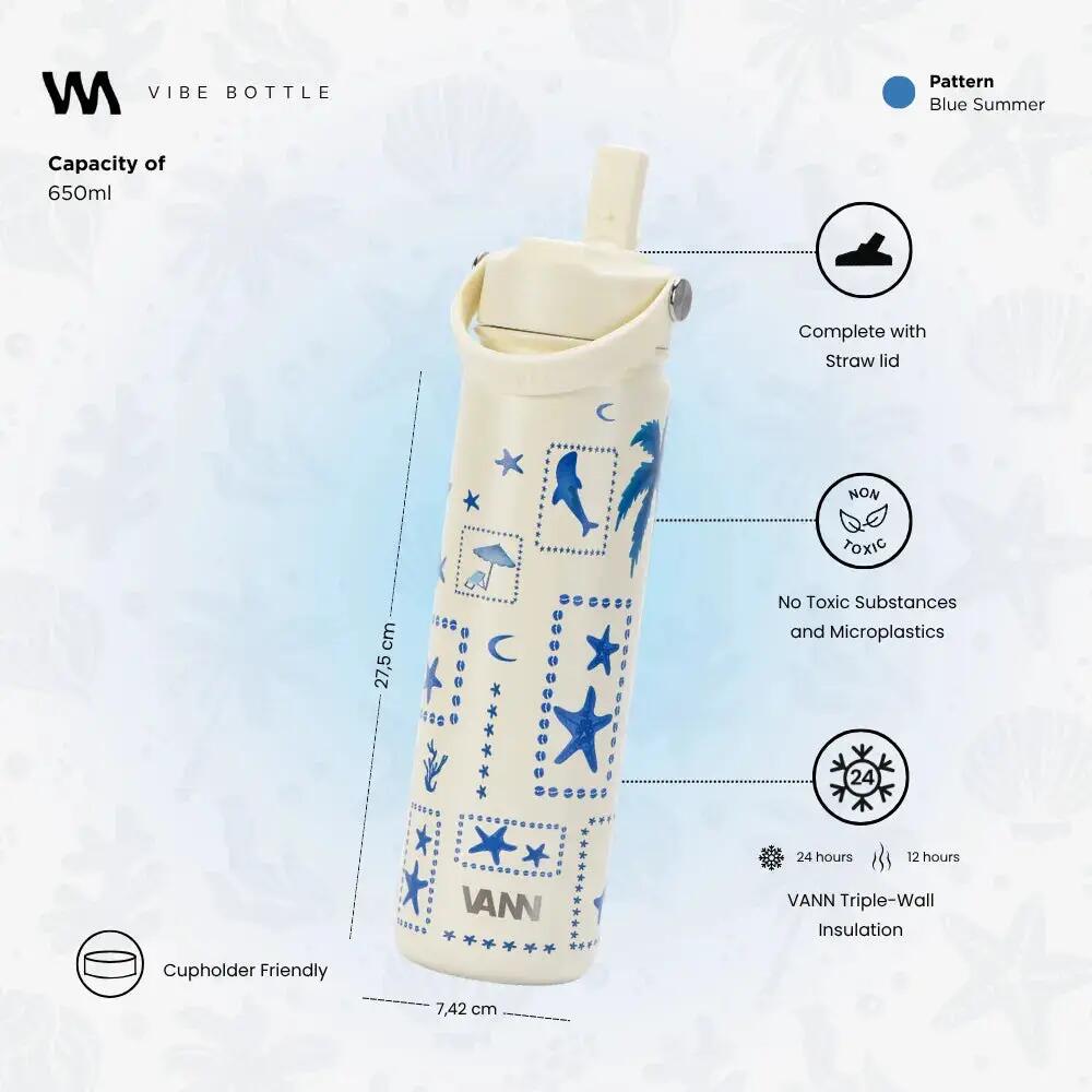 Drinkfles - Vibe Bottle 650 ML - 3-wandig RVS met print - Blue Summer 4/10