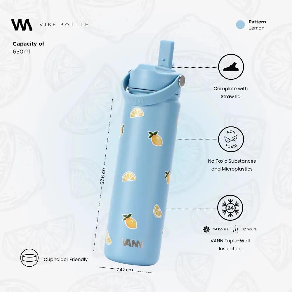 Drinkfles - Vibe Bottle 650 ML - 3-wandig RVS met print - Lemon 4/10