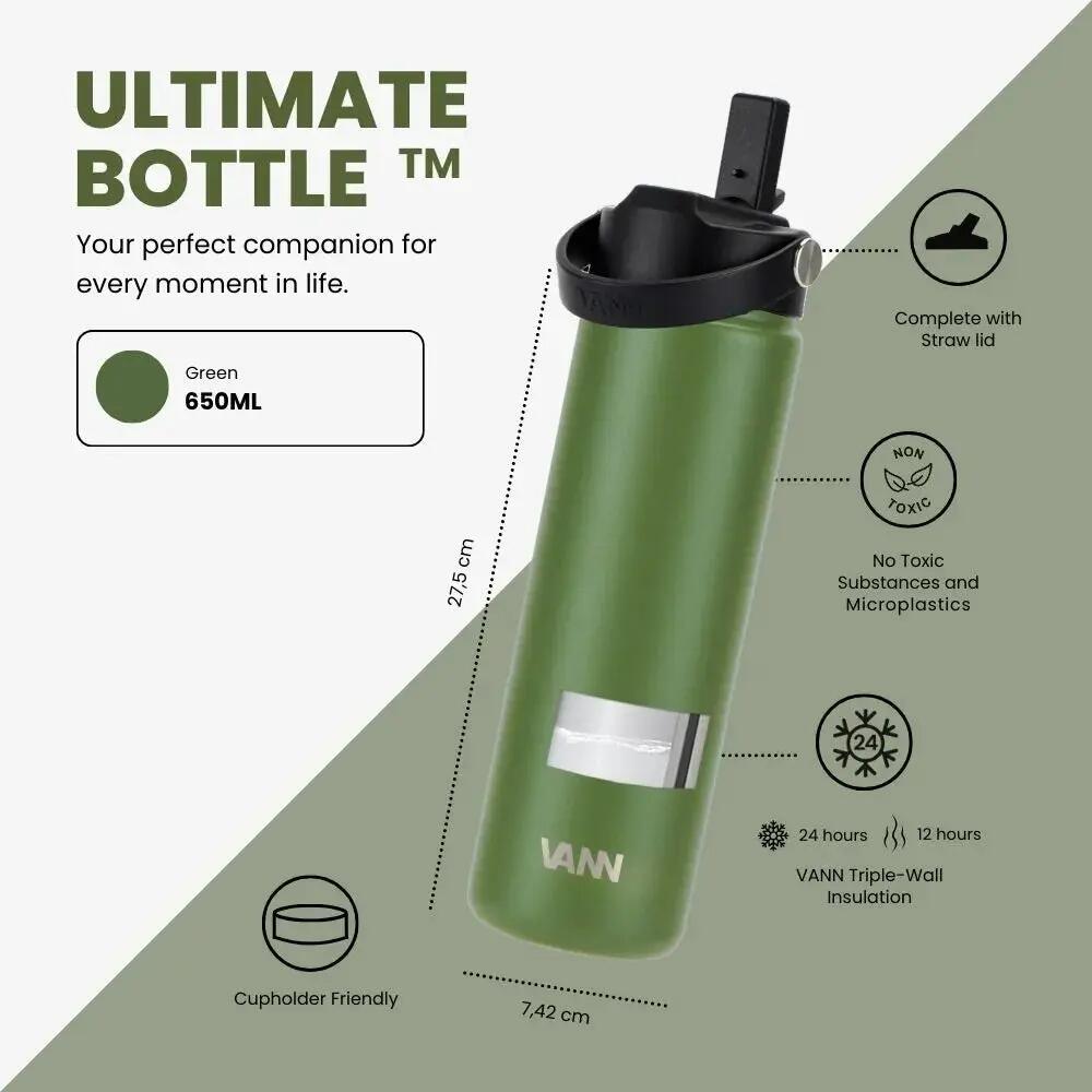 Drinkfles - Ultimate Bottle 650 ML - 3-wandig RVS met rietje - Groen 3/12