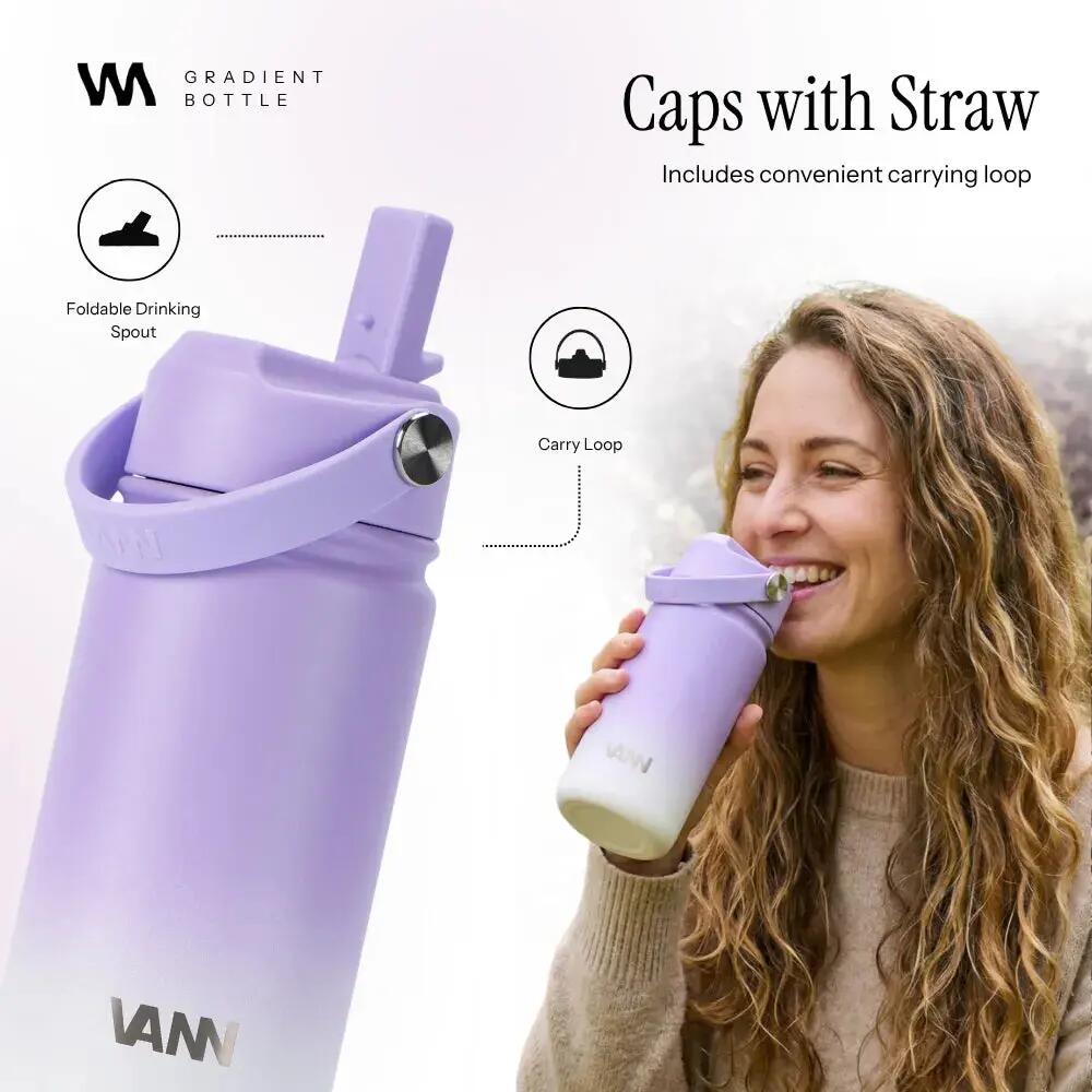 Drinkfles - Gradient Bottle 400 ML - 3-wandig RVS met rietje - Gradient Purple 6/9