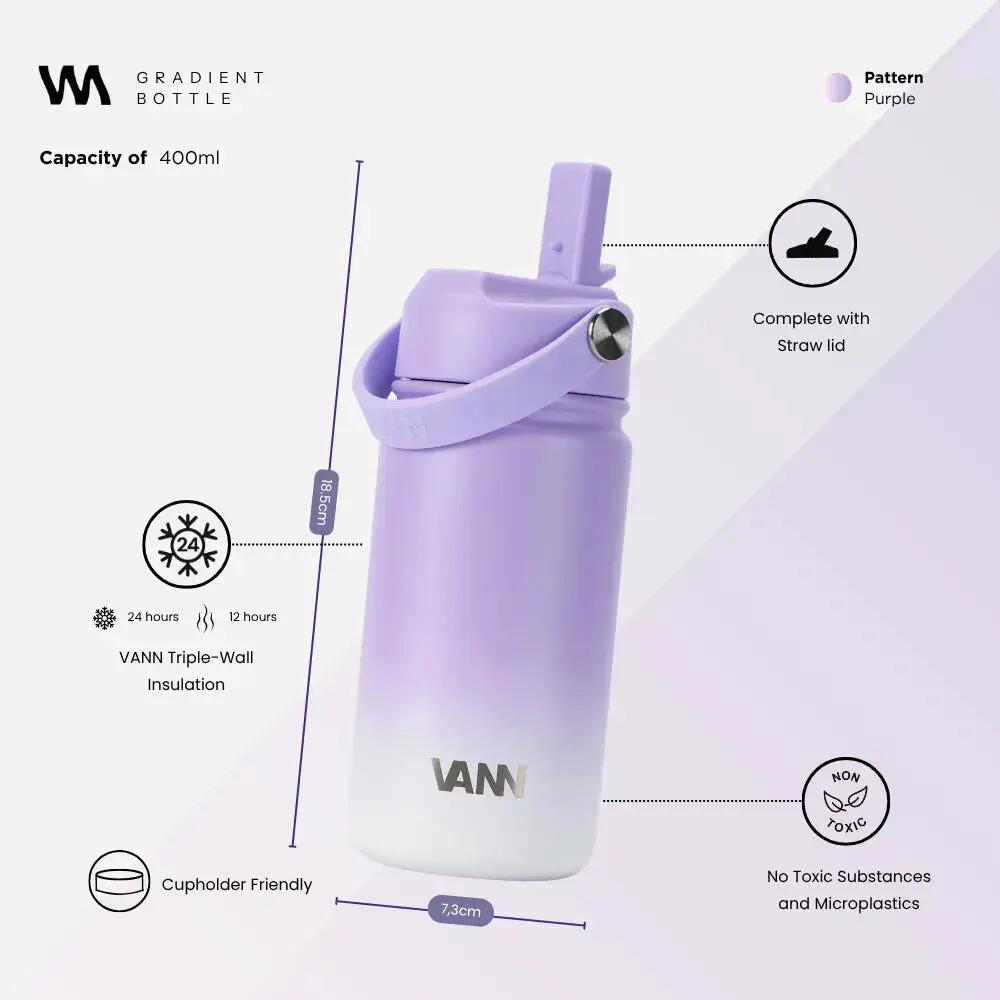 Drinkfles - Gradient Bottle 400 ML - 3-wandig RVS met rietje - Gradient Purple 3/9