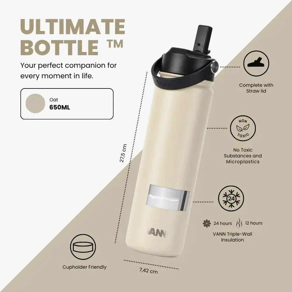Drinkfles - Ultimate Bottle 650 ML - 3-wandig RVS met rietje - Oatmeal 3/12